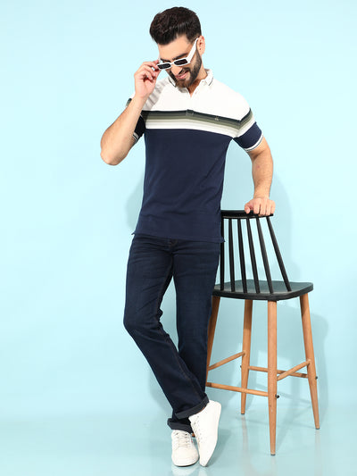 Navy Blue Horizontal Striped Polo T-Shirt-Men T-Shirts-Crimsoune Club