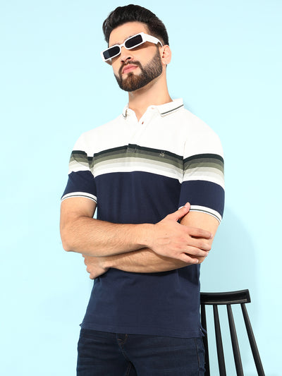 Navy Blue Horizontal Striped Polo T-Shirt-Men T-Shirts-Crimsoune Club