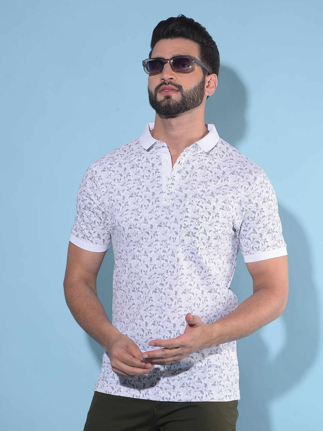 Blue Floral Print Polo T-Shirt-Men T-Shirts-Crimsoune Club