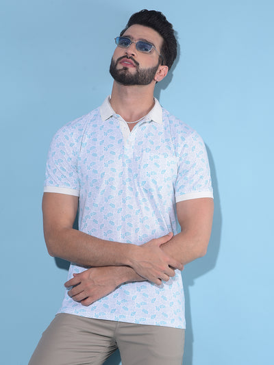 Blue Floral Print Polo T-Shirt-Men T-Shirts-Crimsoune Club