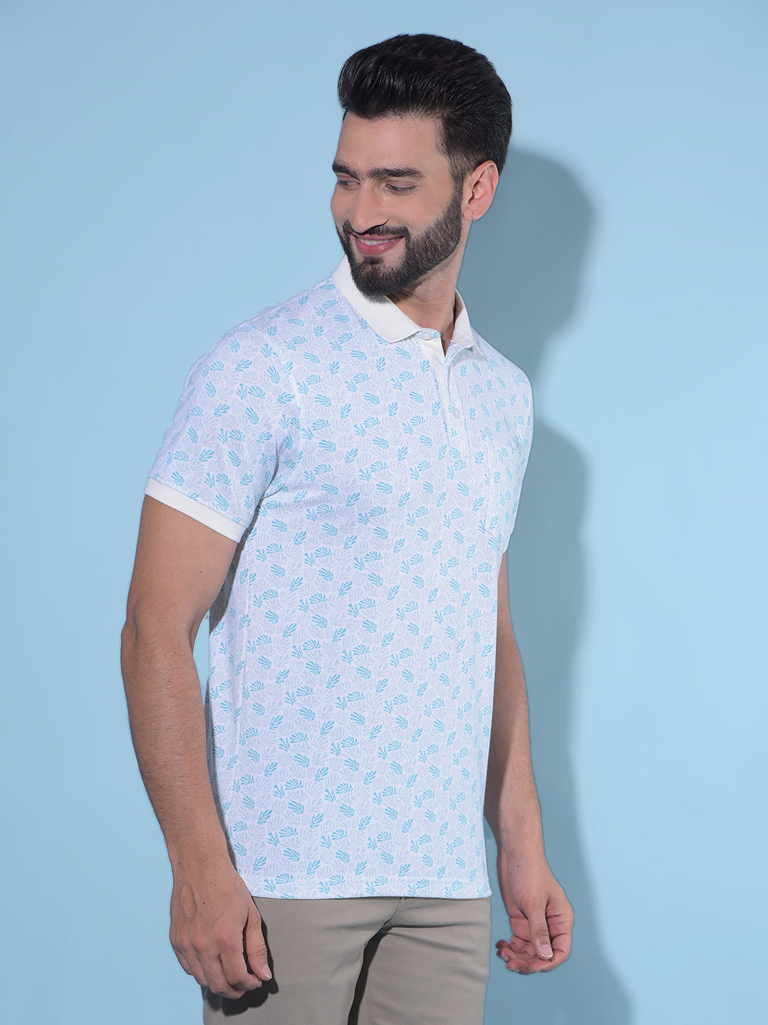 Blue Floral Print Polo T-Shirt-Men T-Shirts-Crimsoune Club