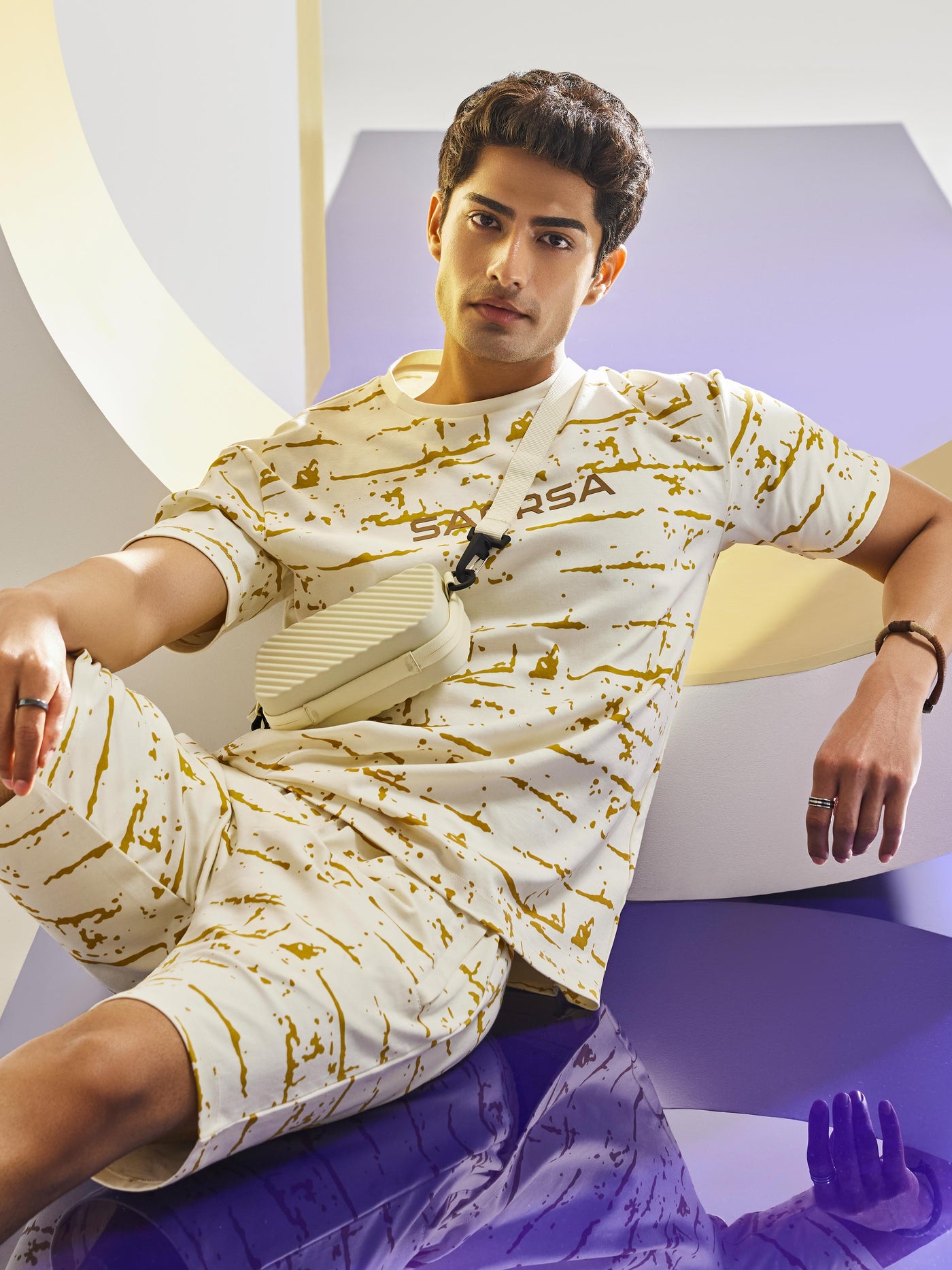 Beige Printed Lounge Shorts-Men Shorts-Crimsoune Club