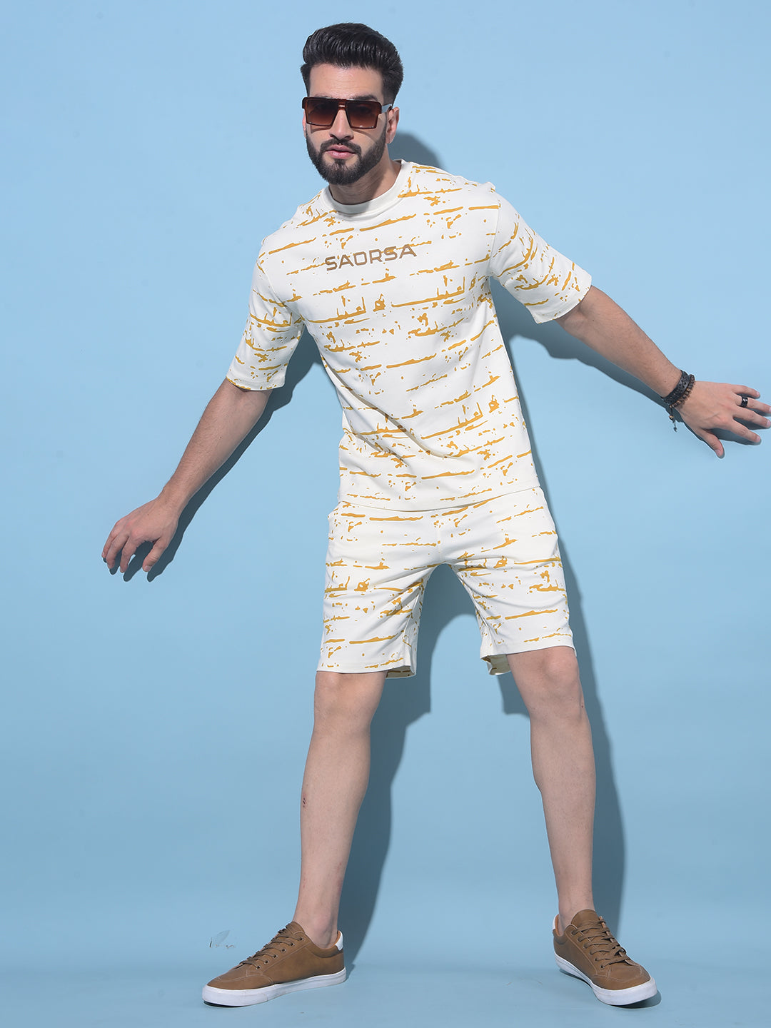 Beige Printed Lounge Shorts-Men Shorts-Crimsoune Club