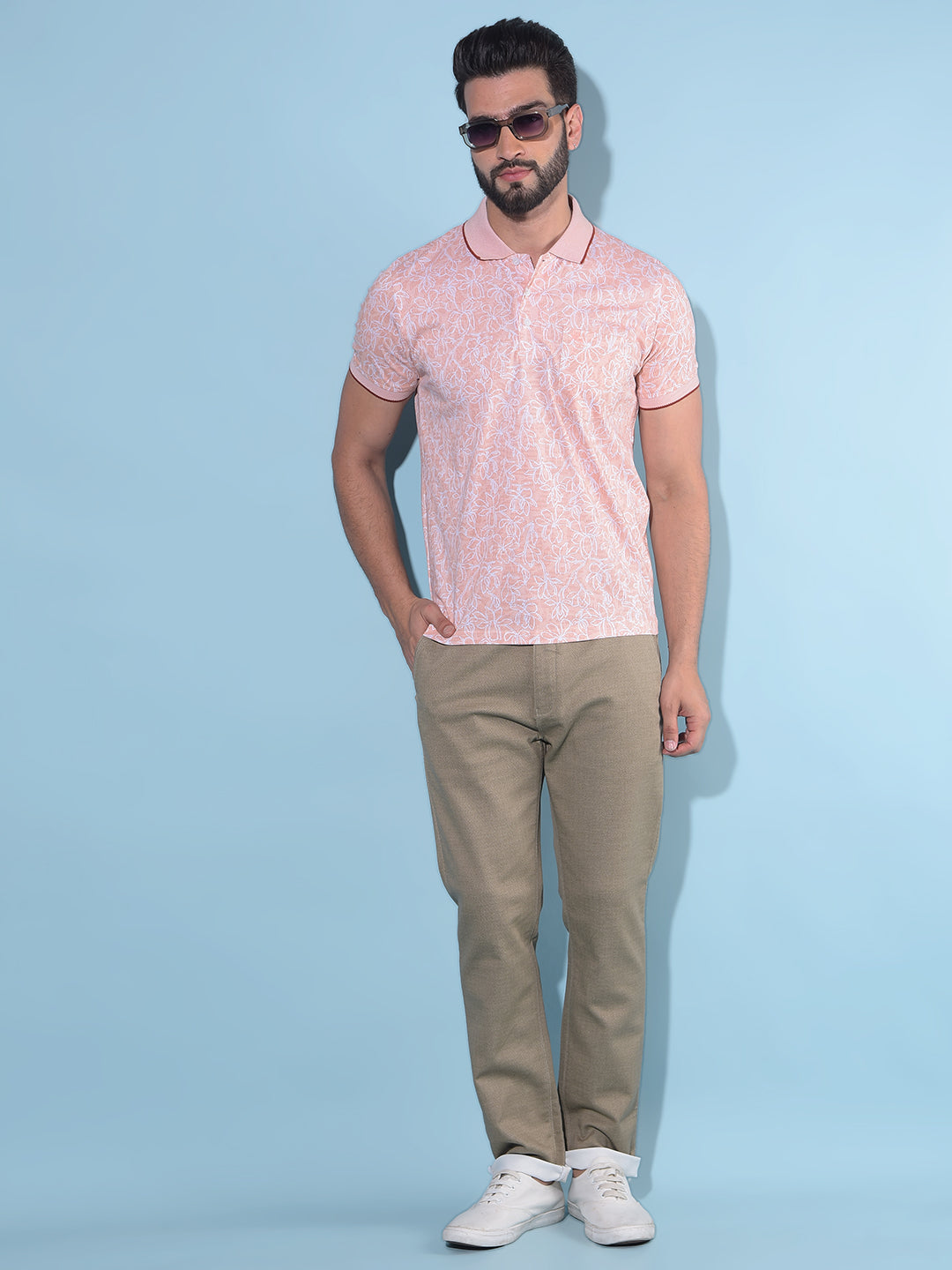 Peach Floral Print Polo T-Shirt-Men T-Shirts-Crimsoune Club