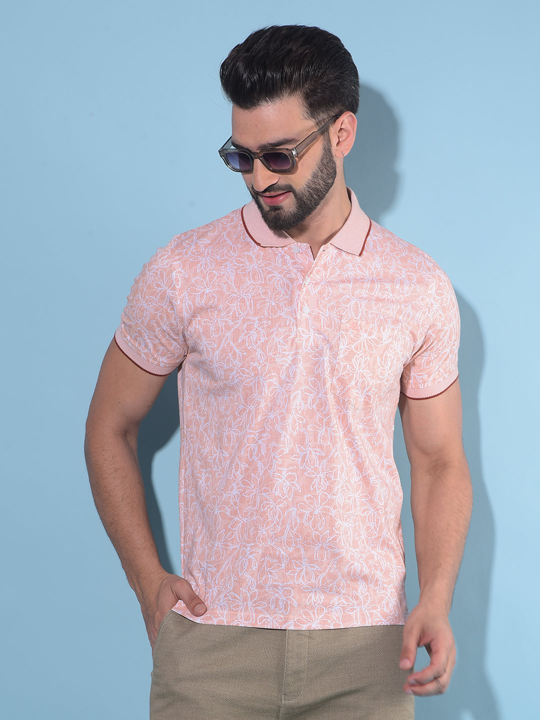 Peach Floral Print Polo T-Shirt-Men T-Shirts-Crimsoune Club