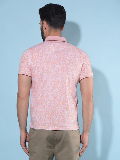 Peach Floral Print Polo T-Shirt-Men T-Shirts-Crimsoune Club