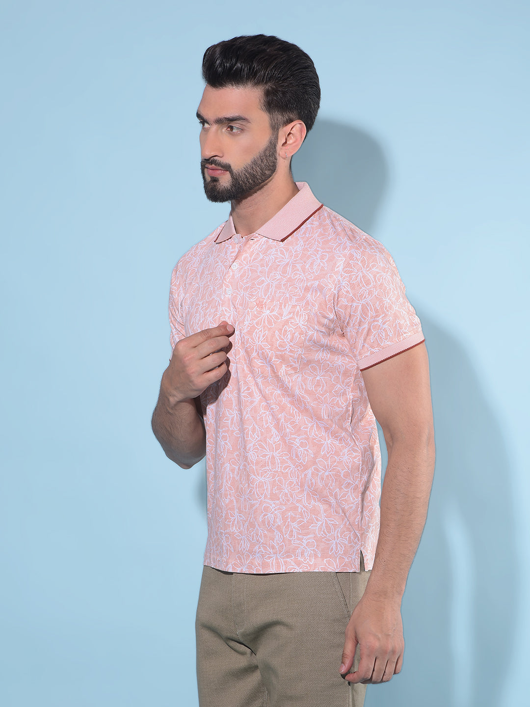 Peach Floral Print Polo T-Shirt-Men T-Shirts-Crimsoune Club