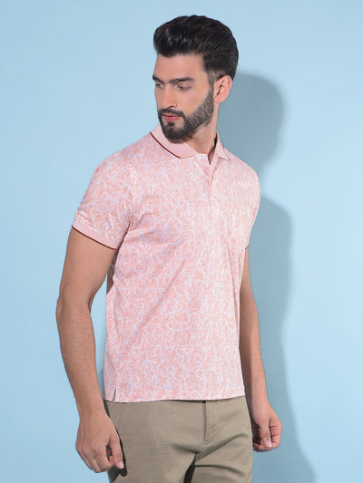 Peach Floral Print Polo T-Shirt-Men T-Shirts-Crimsoune Club