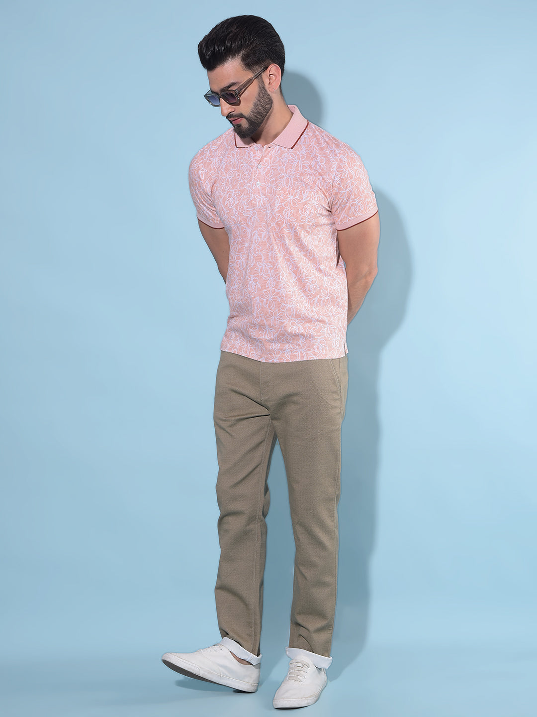 Peach Floral Print Polo T-Shirt-Men T-Shirts-Crimsoune Club