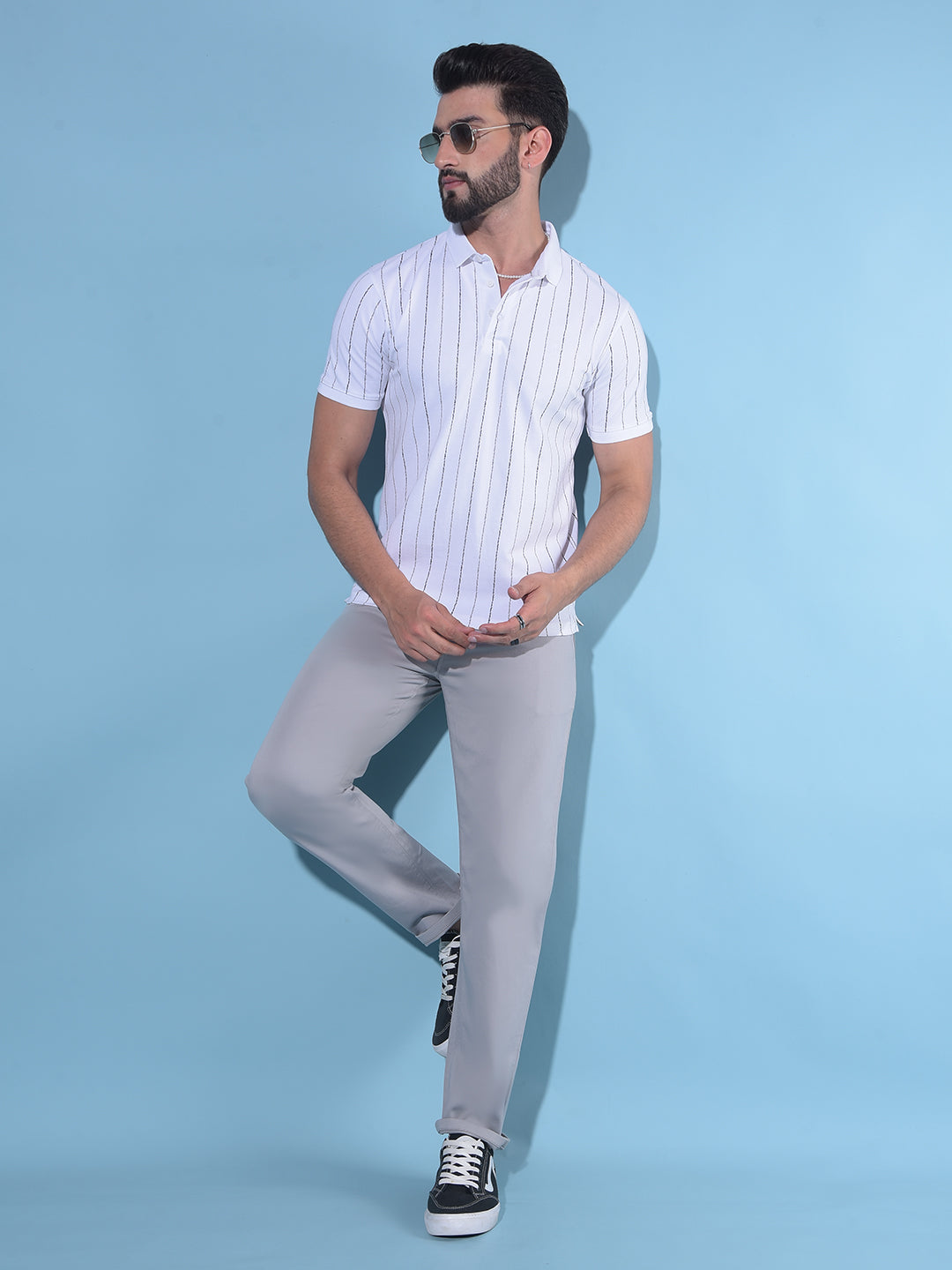 White Vertical Striped Polo T-Shirt-Men T-Shirts-Crimsoune Club