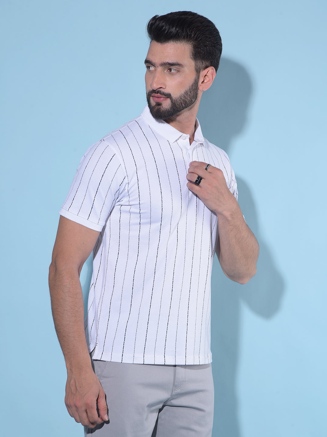 White Vertical Striped Polo T-Shirt-Men T-Shirts-Crimsoune Club