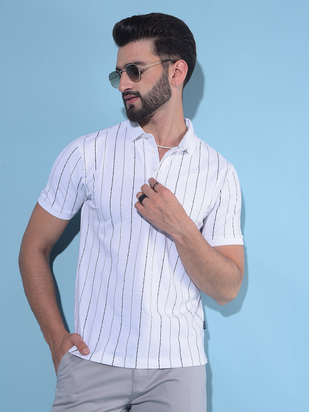 White Vertical Striped Polo T-Shirt-Men T-Shirts-Crimsoune Club