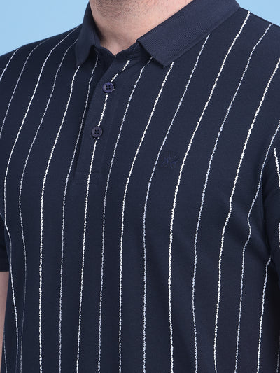 Navy Blue Vertical Striped Cotton T-Shirt-Men T-Shirts-Crimsoune Club