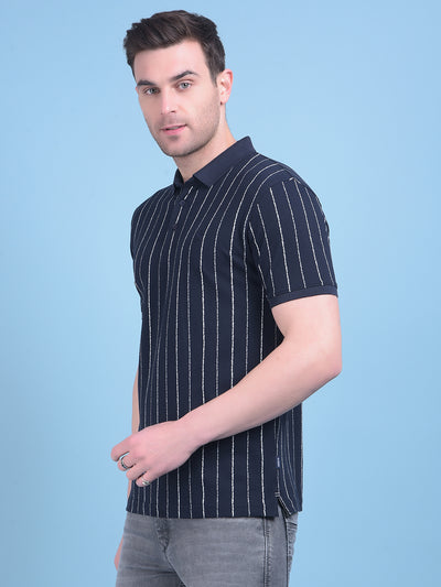 Navy Blue Vertical Striped Cotton T-Shirt-Men T-Shirts-Crimsoune Club