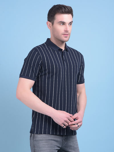 Navy Blue Vertical Striped Cotton T-Shirt-Men T-Shirts-Crimsoune Club