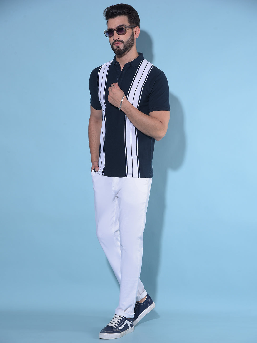 Navy Blue Vertical Striped 100% Cotton Polo T-Shirt-Men T-Shirts-Crimsoune Club