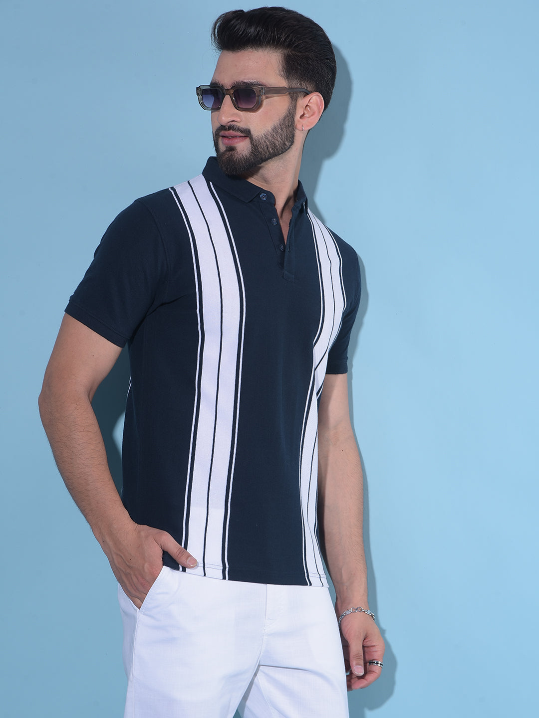Navy Blue Vertical Striped 100% Cotton Polo T-Shirt-Men T-Shirts-Crimsoune Club