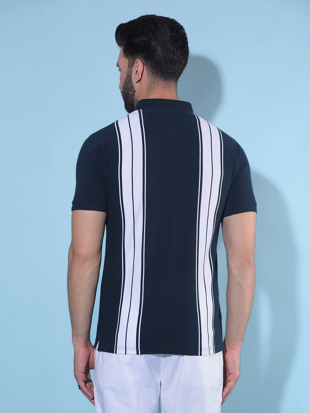 Navy Blue Vertical Striped 100% Cotton Polo T-Shirt-Men T-Shirts-Crimsoune Club