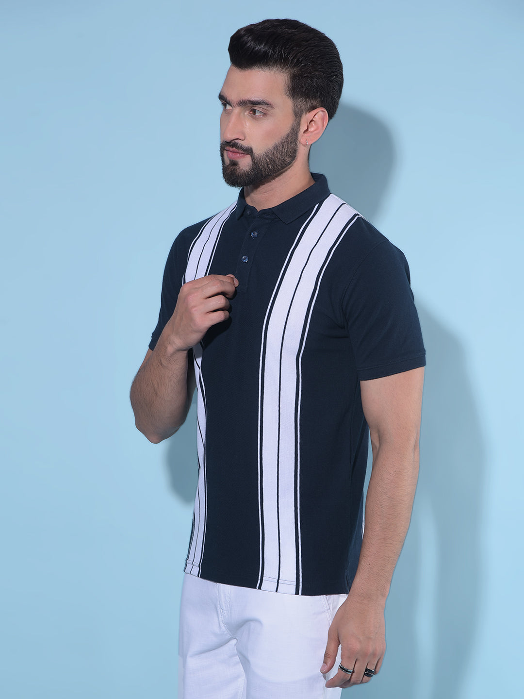 Navy Blue Vertical Striped 100% Cotton Polo T-Shirt-Men T-Shirts-Crimsoune Club