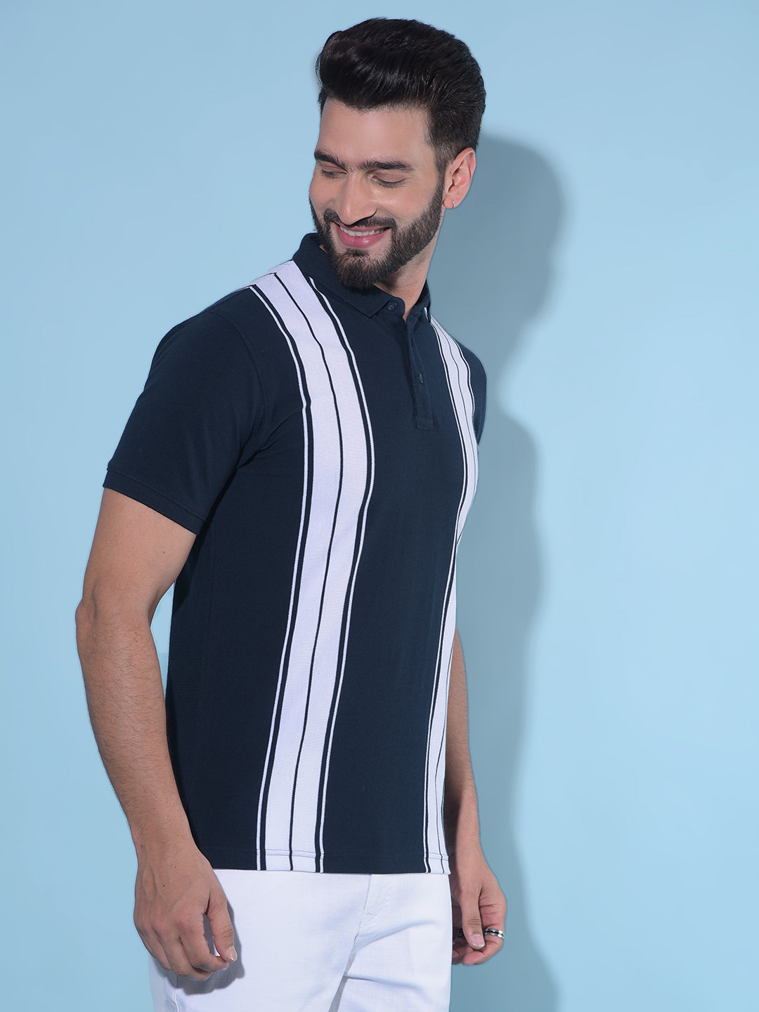 Navy Blue Vertical Striped 100% Cotton Polo T-Shirt-Men T-Shirts-Crimsoune Club