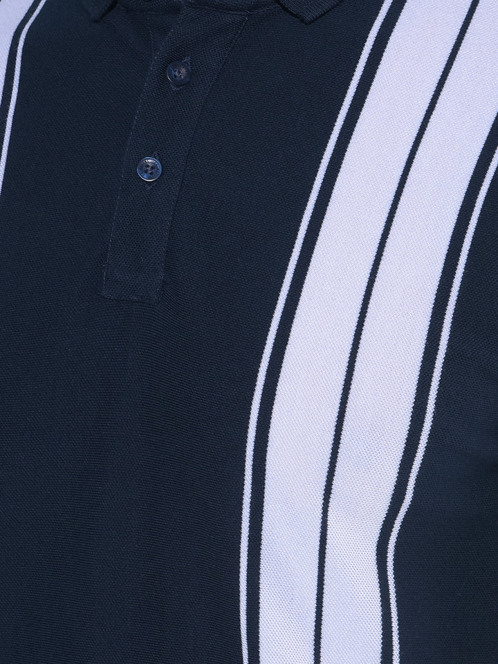 Navy Blue Vertical Striped 100% Cotton Polo T-Shirt-Men T-Shirts-Crimsoune Club