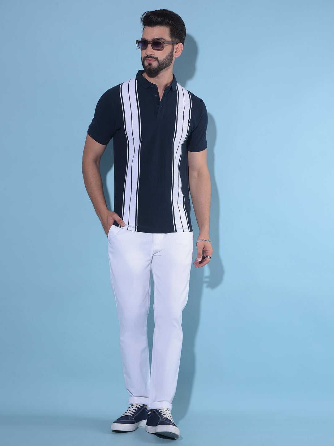 Navy Blue Vertical Striped 100% Cotton Polo T-Shirt-Men T-Shirts-Crimsoune Club