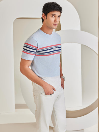 Blue Horizontal Striped Cotton T-Shirt-Men T-Shirts-Crimsoune Club
