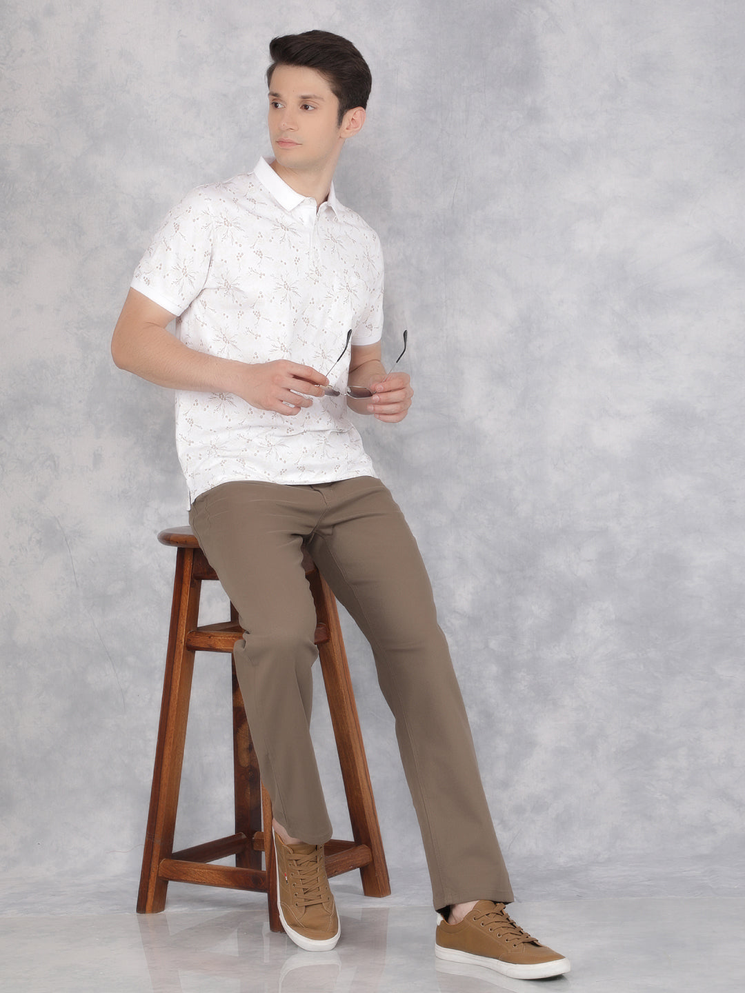 Beige Floral Print Polo T-Shirt-Men T-Shirts-Crimsoune Club