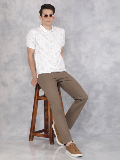 Beige Floral Print Polo T-Shirt-Men T-Shirts-Crimsoune Club