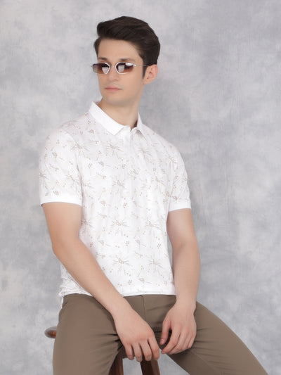 Beige Floral Print Polo T-Shirt-Men T-Shirts-Crimsoune Club