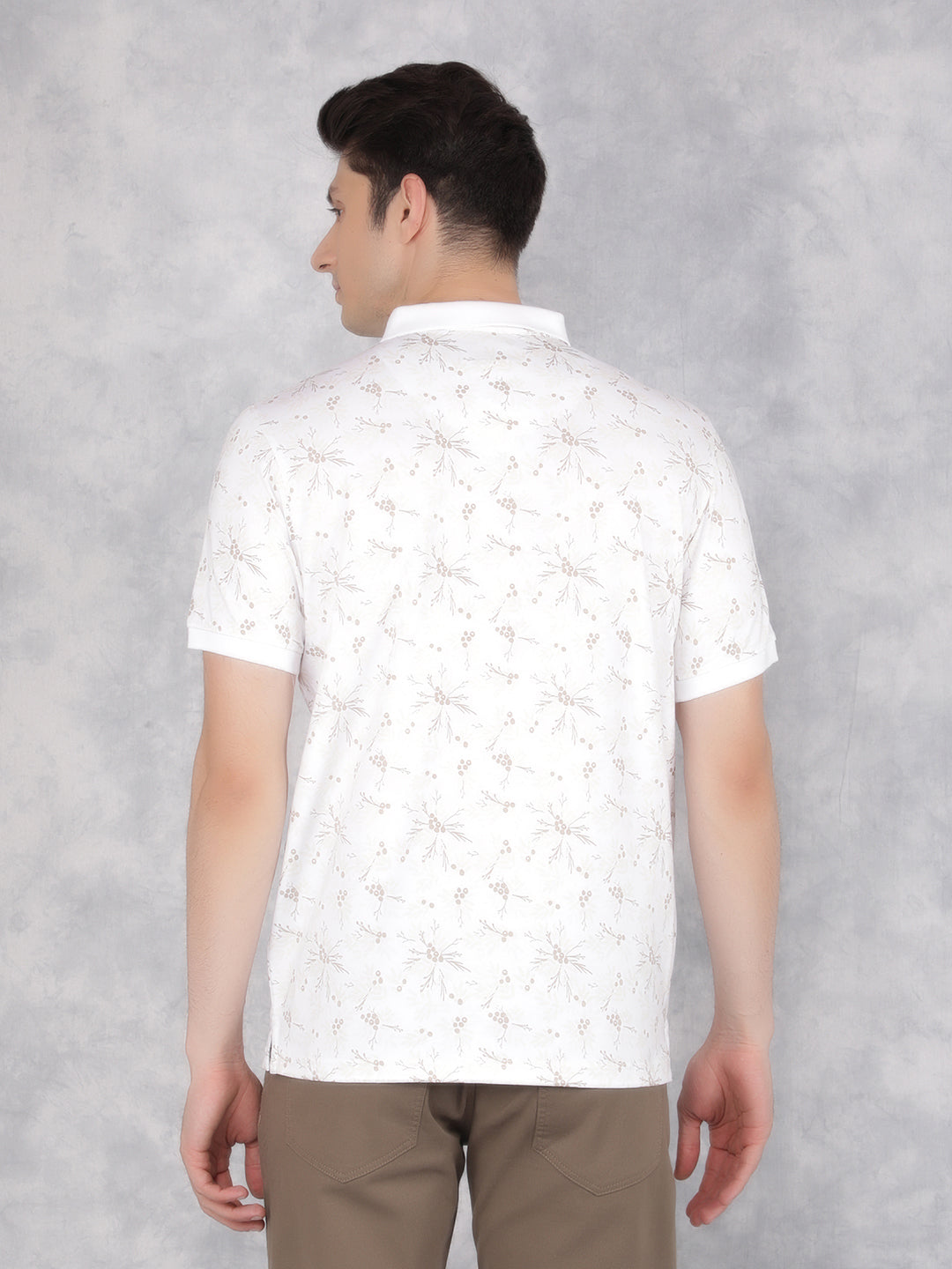 Beige Floral Print Polo T-Shirt-Men T-Shirts-Crimsoune Club
