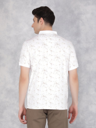 Beige Floral Print Polo T-Shirt-Men T-Shirts-Crimsoune Club