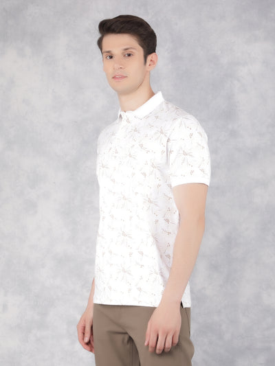 Beige Floral Print Polo T-Shirt-Men T-Shirts-Crimsoune Club