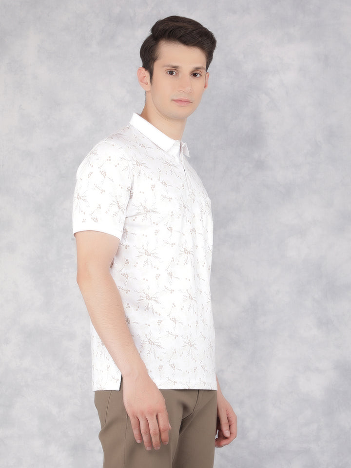 Beige Floral Print Polo T-Shirt-Men T-Shirts-Crimsoune Club