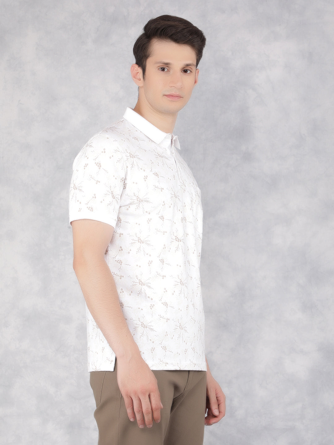 Beige Floral Print Polo T-Shirt-Men T-Shirts-Crimsoune Club