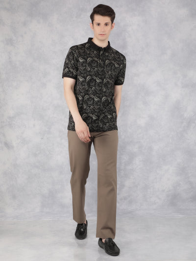 Black Floral Print Polo T-Shirt-Men T-Shirts-Crimsoune Club