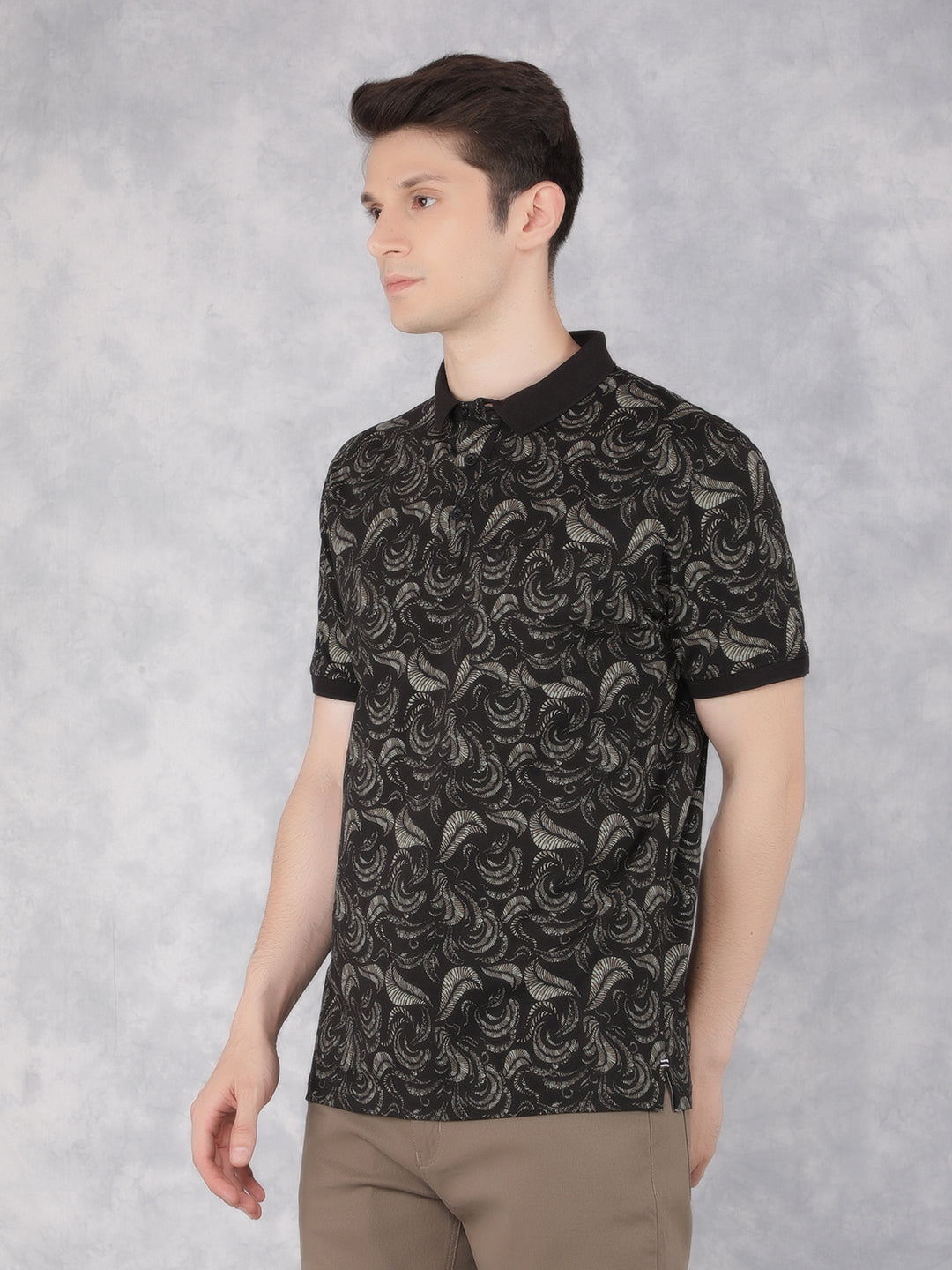Black Floral Print Polo T-Shirt-Men T-Shirts-Crimsoune Club