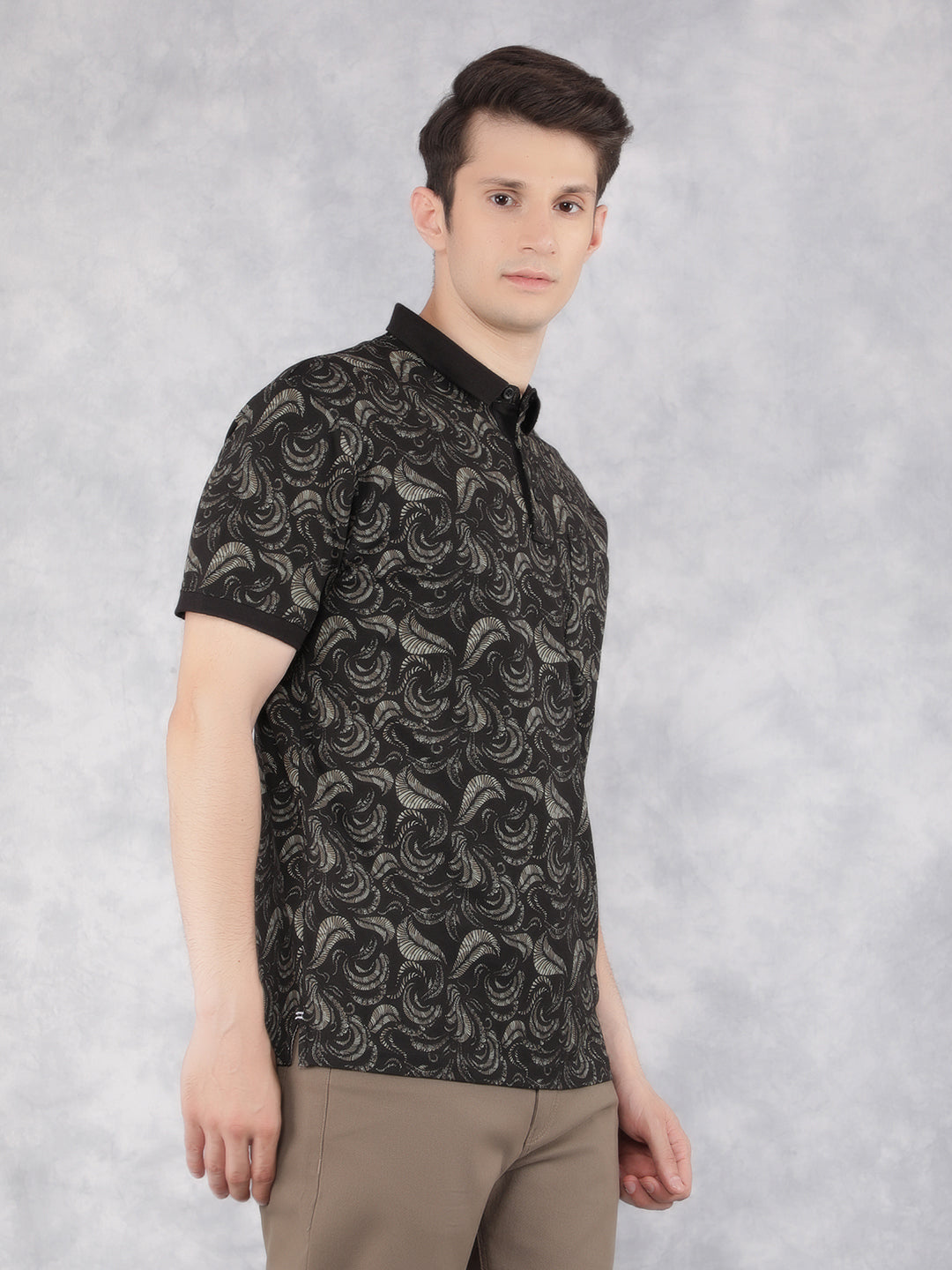 Black Floral Print Polo T-Shirt-Men T-Shirts-Crimsoune Club