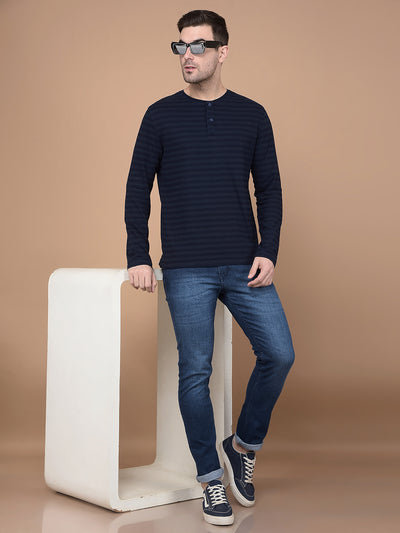 Navy Blue Horizontal Striped 100% Cotton T-Shirt-Men T-Shirts-Crimsoune Club