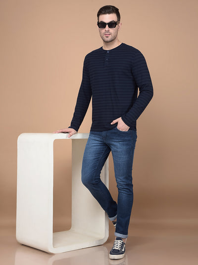 Navy Blue Horizontal Striped 100% Cotton T-Shirt-Men T-Shirts-Crimsoune Club