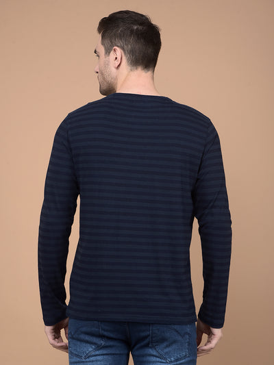 Navy Blue Horizontal Striped 100% Cotton T-Shirt-Men T-Shirts-Crimsoune Club