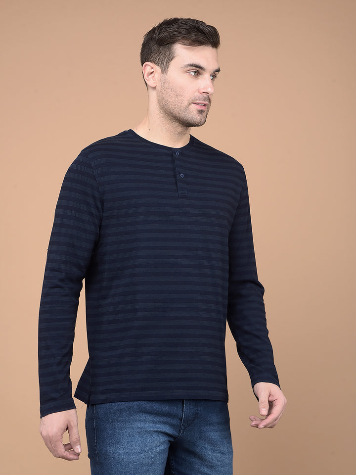 Navy Blue Horizontal Striped 100% Cotton T-Shirt-Men T-Shirts-Crimsoune Club