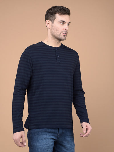 Navy Blue Horizontal Striped 100% Cotton T-Shirt-Men T-Shirts-Crimsoune Club
