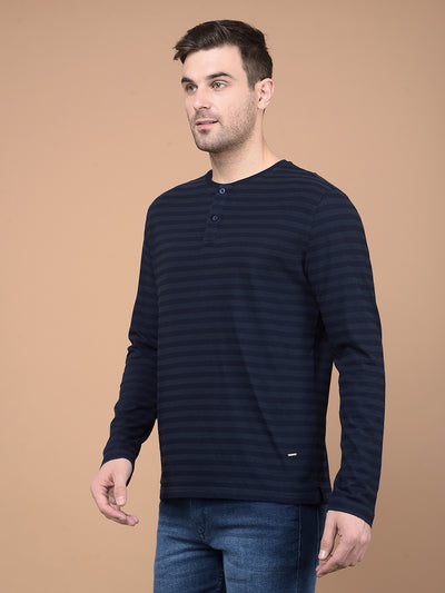 Navy Blue Horizontal Striped 100% Cotton T-Shirt-Men T-Shirts-Crimsoune Club