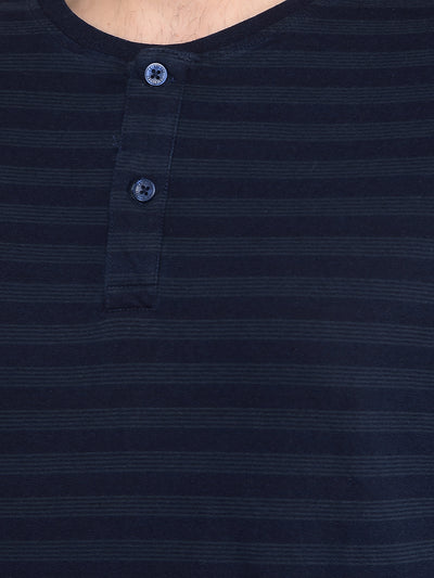 Navy Blue Horizontal Striped 100% Cotton T-Shirt-Men T-Shirts-Crimsoune Club
