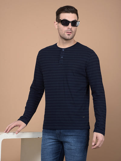 Navy Blue Horizontal Striped 100% Cotton T-Shirt-Men T-Shirts-Crimsoune Club