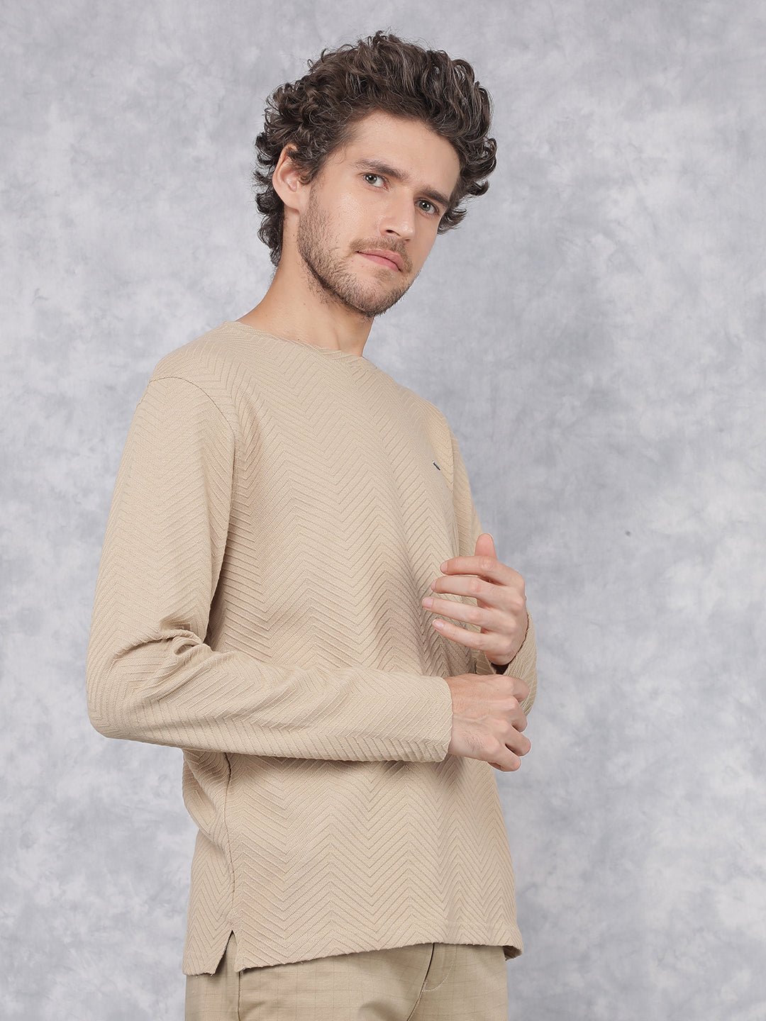 Khaki Jacquard Long Sleeves T-Shirt