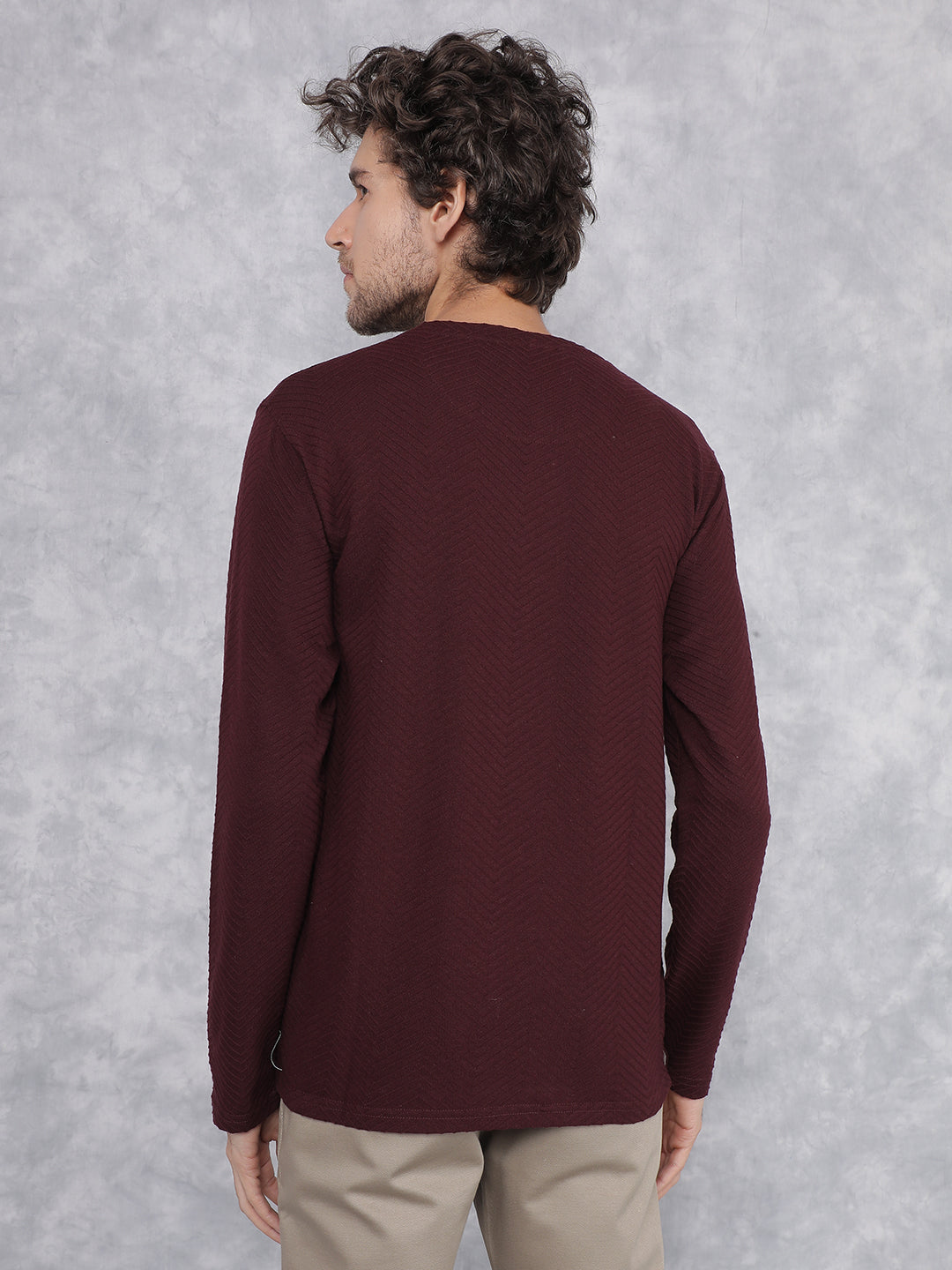 Maroon Jacquard Long Sleeves T-Shirt