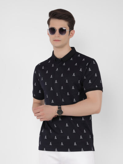 Navy Blue Printed Polo T-Shirt-Men T-Shirts-Crimsoune Club