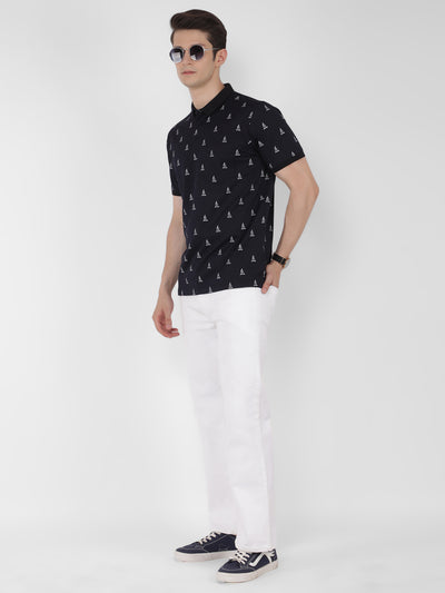 Navy Blue Printed Polo T-Shirt-Men T-Shirts-Crimsoune Club